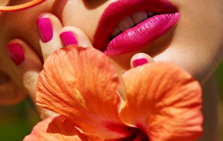 Beauty - Giedre Dukauskaite, girl, flower, pink, orange, hand, nails, woman, model, face