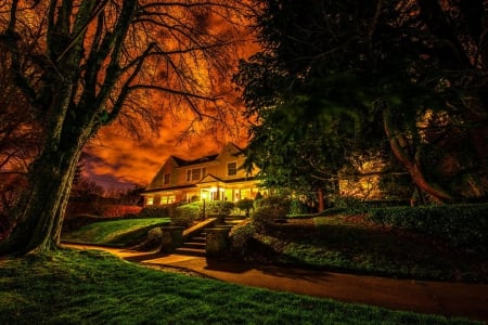 A beautiful evening - abstract, house, trees, beautiful, windows, photography, evening, road, lawn, dark, stairs, tranquility, autumn, lights, sky