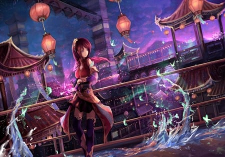 Dusk Phantasms - art, girl, pretty, lantern, night, city, oriental, orginal