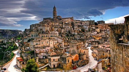 City of Matera_Italy - hills, monument, town, italia, medieval, view, old, landscapes, nice, sky, ruins, clouds, trees, colors, architecture, village, street, homes, ancient, Italy, panorama, building, antique, rocks