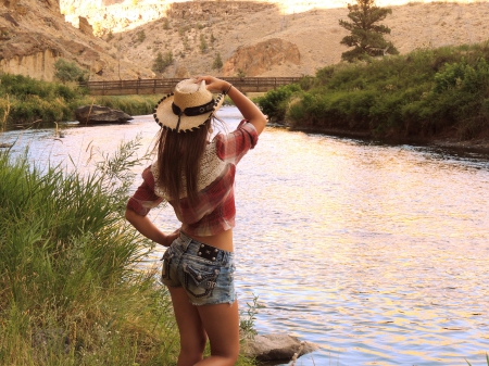 RuningWater - shorts, hat, cowgirl, river