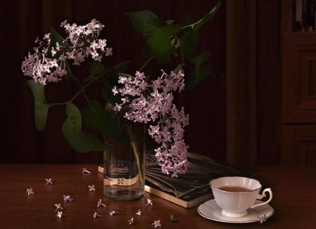 Still Life - flowers, still life, cup, book