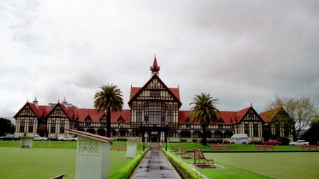 Beautiful Building - architecture, benches, buildings, gras