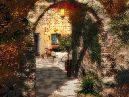 Backyard - autumn, plants, sunshine, entrance, leavs, bow