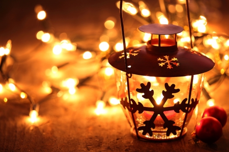 Christmas Lights - snowflake, wood, candle, table, light, still life, lantern