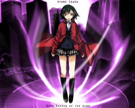 Ayane Isuzu - purple, ayane, purple wind, gatekeepers, gatekeepers 21, purple waves, red coat, black dress, anime, anime girl, isuzu, black stockings, ayane isuzu