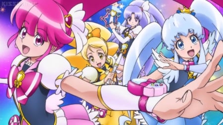 HappinessCharge PreCure! - pretty, anime, twin tail, kawaii, female, twintail, team, dress, blonde, blond hair, long hair, group, ink hair, purple, blue hair, blond, nice, pink hair, purple hair, twin tails, anime girl, twintails, beautiful, girl, blonde hair, beauty, lovely, sweet, precure, magical girl, cute, adorable