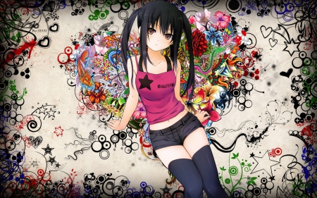 Azusa - anime, twin tail, female, twintail, nakano, pink, k-on, azusa nakano, abstract, twin tails, long air, anime girl, kon, twintails, girl, nakano azusa, pant, k on, black, azusa, shirt, black hair