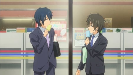 How's It Going? - ice cream, tada banri, golden time, wallpaper, brown hair, blue hair, anime guy, yellow, suit, blue, popsicle, anime