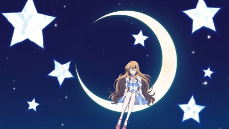 Moon Dreamer - pretty, star, anime, female, maiden, dress, long hair, peace, kouko, crescent, nice, golden time, anime girl, kaga, beautiful, girl, beauty, lovely, brown hair, sweet, kaga kouko, lady, peaceful