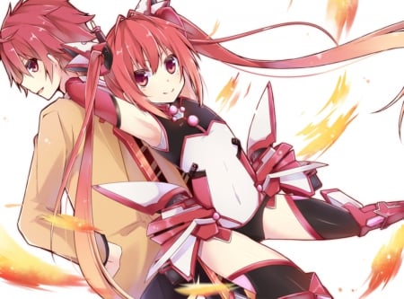 Dual Personality - pretty, anime, twin tail, kawaii, twintail, guy, pair, boy, red hair, bosysuit, fire, red, mecha, nice, twin tails, anime girl, twintails, tail red, long ahir, girl, lovely, sweet, white, redhead, cute, adorable, partner