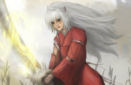 Inuyasha and Tessaiga - great sword, inuyasha, tessaiga, yokai, anime, hanyo, human, manga