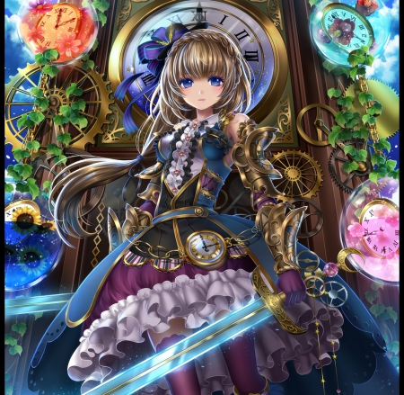 Eunomia - nice, female, anime girl, blade, brown hair, gorgeous, pretty, anime, clock, sword, cute, maiden, lady, girl, adorable, long hair, gown, lovely, hd, kawaii, sweet, lolita, dress