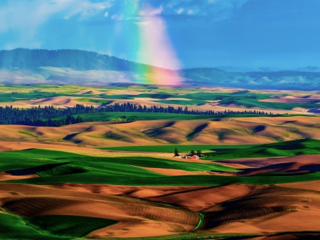 Rainbow Land - rainbow, land, green, landscape, grass, mountains, sky