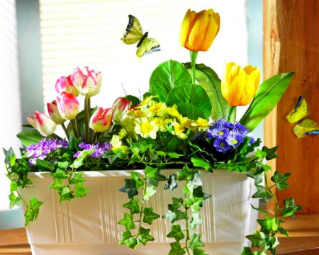 Flower Arrangement - tulips, ceramic, flowers, container