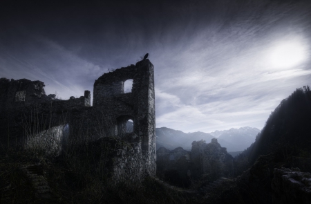 The Raven - the raven, castle, night, monument, rock