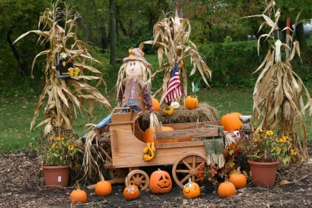 Seasons Greetings - pumpkins, flag, flowers, cart