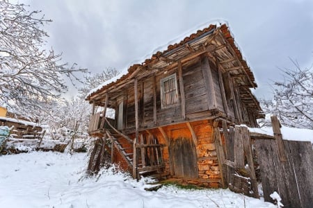 Old Mountain Cabin in Winter - trees, nature, stairs, snow