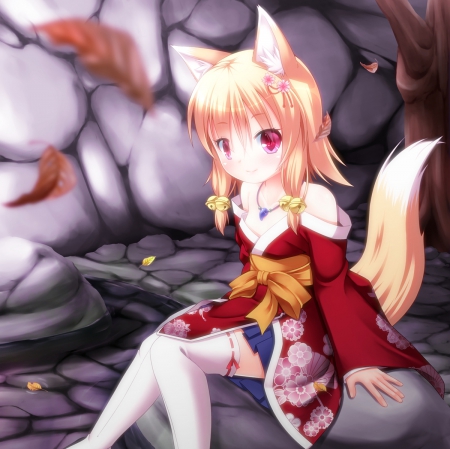 Kitsune Chan - nice, tails, female, blond, anime girl, blond hair, pretty, blonde hair, anime, kimono, cute, girl, adorable, long hair, lovely, cg, hd, ears, fox, kawaii, yukata, sweet, kitsune, dress, blonde