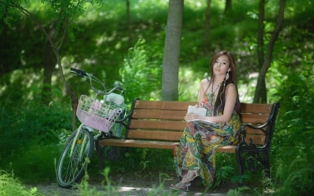 Beauty in the Park - model, bench, beauty, bicycle, brunette, park