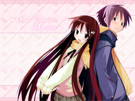 Valentine 2006 - Hanbun no Tsuki ga Noboru Sora, Akiba, Anime Girl, Rika, Anime, Anime Couple, Long Hair, Yuuichi Ezaki, Valentine, Anime Guy, Valentine Day, Yuuichi, Anime Lovers, Yellow Scarf, Lovers, Ezaki, Rika Akiba, Couple, Scarf, Pink Top, Pink Background