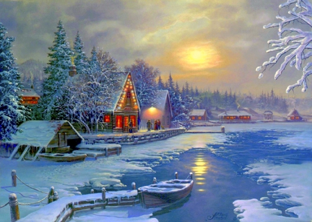 ★Winter on the Lake★ - winter, beautiful, snow, holidays, night, lovely, xmas and new year, boats, moons, nature, cottages, white trees, Christmas, lakes, love four seasons, winter holidays