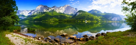 Gruner See Panorama - reflections, lakes, forest, beautiful, mountains, lakeside, austria