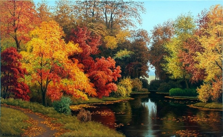 Nature painting - painting, lake, art, autumn, tree