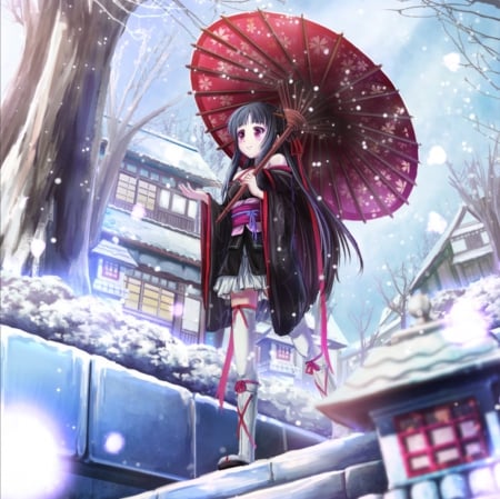 Snow Rain - pretty, anime, female, scene, snow, long hair, home, japan, shrine, umbrella, nice, house, anime girl, winter, beautiful, girl, beauty, kimono, lovely, sweet, yukata, black hair, japanese