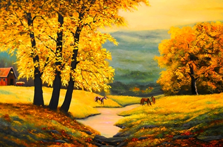 Autumn in countryside - pretty, house, trees, beautiful, meadow, lovely, mountain, fall, countryside, horses, autumn, painting, peaceful, art, foliage