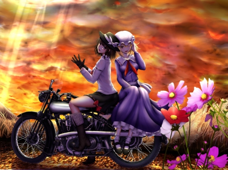 Evening Ride - pretty, anime, kawaii, female, scenery, blossom, evening, scene, dress, wheels, dawn, bike, touhou, nice, sky, motorbike, motorcycle, anime girl, beautiful, girl, beauty, lovely, sweet, flower, petals, cloud, cute, adorable, ride, floral