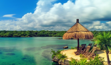 Ocean View on Cloudy Day - clouds, nature, beaches, umbrellas