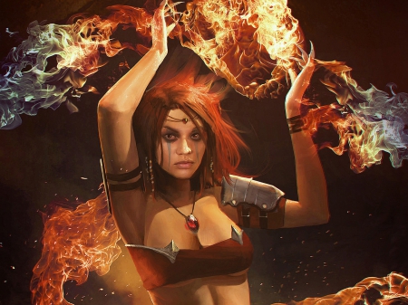 girl play with fire - fire, fantasy, beauty, art