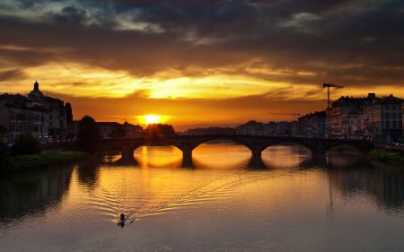 Sunset over Bridge and Cityscape - sunsets, architecture, cityscapes, bridges