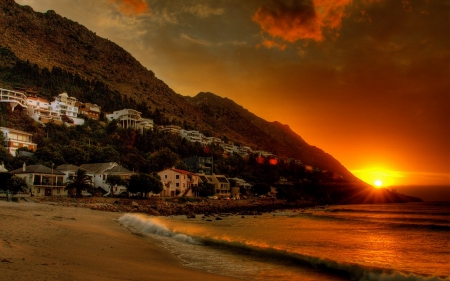 Sunset over Coastal Cityscape - cityscapes, sunsets, coast, nature