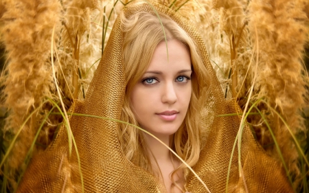 Beauty - yellow, girl, blonde, beauty, scarf, woman, model, golden, blue eyes