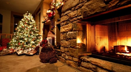 Christmas tree by the fireplace - Christmas tree, house, fireplace, interior, architecture