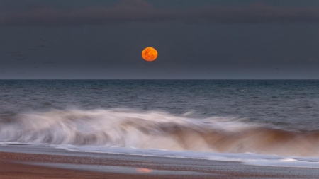 Moonrise - moon, beach, beautiful, evening, waves, sea, ocean