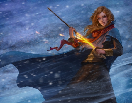 Fire Sword - storm, fire, girl, snow, sword