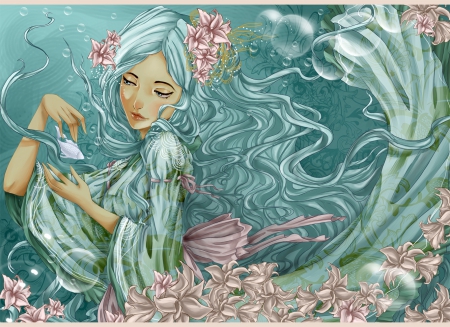 Water Nymph - water, fish, nymph, flowers, bubbles, underwater