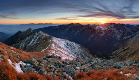 Mountain Sunset - beauty, sky, autumn, clouds, snow, mountains, sunrise, rocks