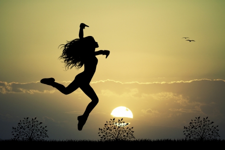 Peaceful Feeling - women, silhouette, trees, sun, clouds, birds