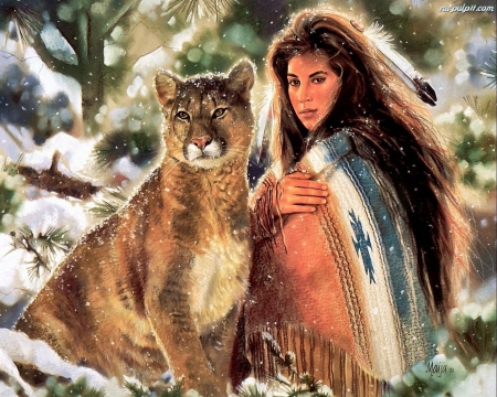 friends cougar and indian - animal, woman, indian, beaitiful