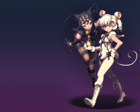 Cat & Mouse - pretty, anime, kawaii, female, ears, dress, nekomimi, pair, sailor moon, plain, hd, nice, silver hair, tails, neko, anime girl, sailormoon, girl, simple, lovely, sweet, duo, cg, dual, cute, adorable, miko mimi, partner