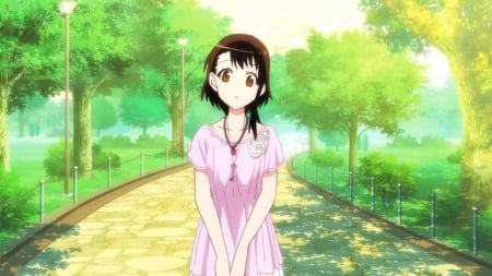 Onodera Kosaki - pretty, anime, kawaii, female, scene, dress, plant, nisekoi, long hair, nice, anime girl, girl, lovely, sweet, tree, blouse, green, black hair, cute, adorable, park