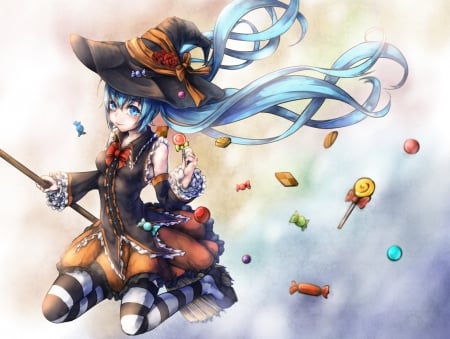 It's Raining Candy!! - hatsune miku, hat, blue eyes, long hair, candy, halloween, flying, witch, blue hair, broom, vocaloid, anime, blush