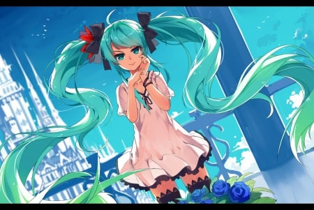 It's Fun To Bad!!! - anime, vocaloid, thighhighs, dress, bows, long hair, flowers, blue hair, ponytails, blue eyes