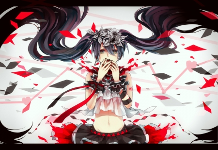 Unleashed - anime, vocaloid, skirt, hatsune miku, long hair, flowers, ponytails, black hair, navel