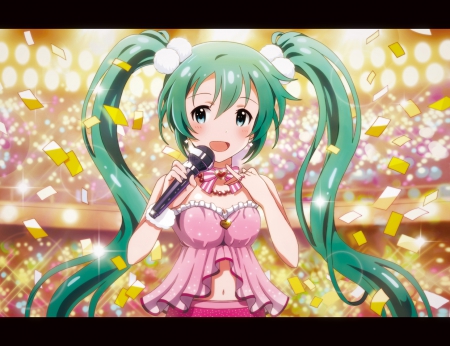 Sing With Me!! - ring, navel, blush, vocaloid, anime, microphone, long hair, necklace, ponytails, blue eyes, hatsune miku, blue hair