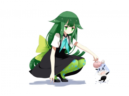 Have Some Water - paiman, long hair, water, gatchaman crowds, green eyes, utsu tsu, bow, anime, green hair, dress